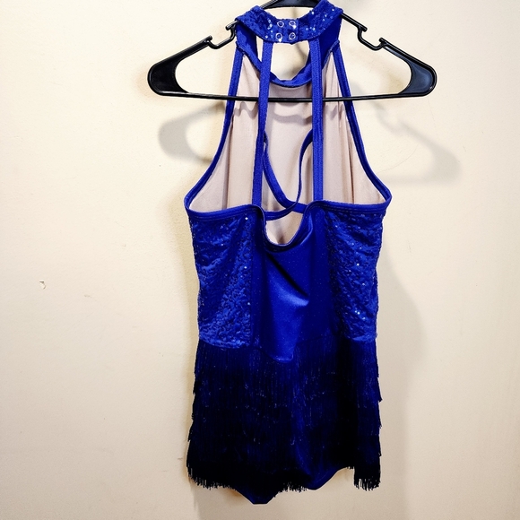 WEISSMAN Vibrant Blue Sequin Halter Romper Dance Wear with Fringe Size LA - Picture 6 of 12
